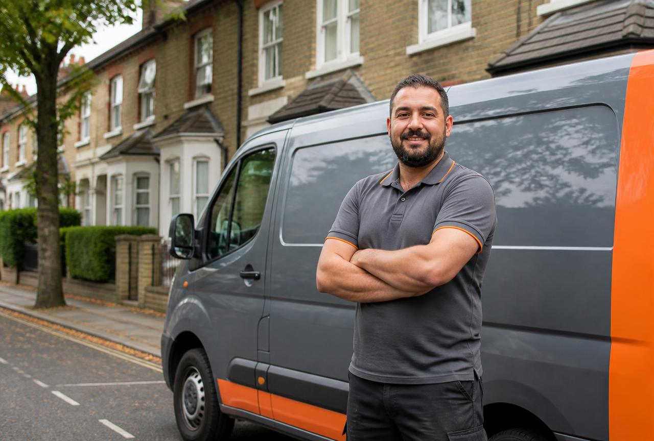 Mobile Tyres Swift mobile fitter kneeling next to a van, changing a tyre on a Finchley Central street