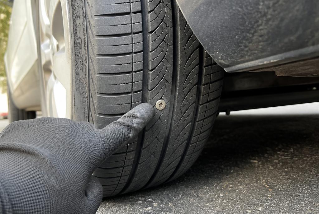 Technician holding a roofing screw pulled from a car tyre tread