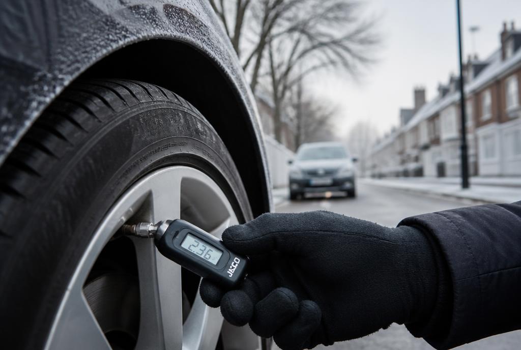 Digital tyre pressure gauge on a car wheel valve on a frosty London morning