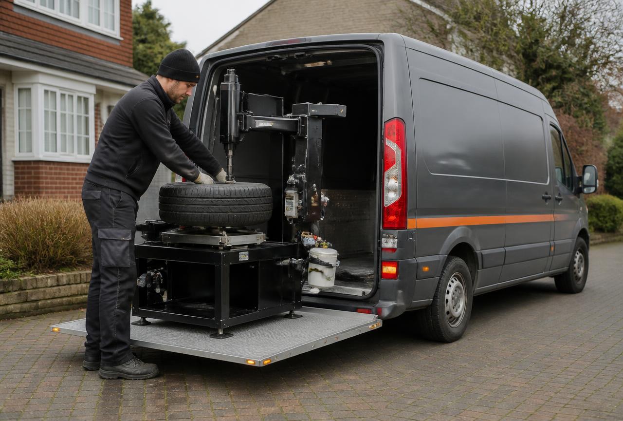 Mobile tyre fitter torquing a wheel on a customer's car in Finchley Central