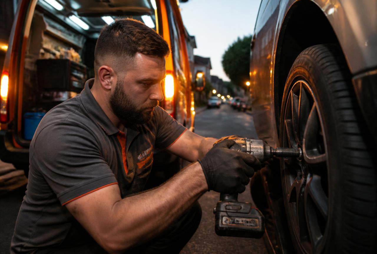 Mobile Tyres Swift technician fitting a tyre beside a green van at night in London North London